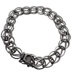 Sterling Silver Rhodium Plated Triple‎ Link Charm Bracelet Textured Rope 6.5in